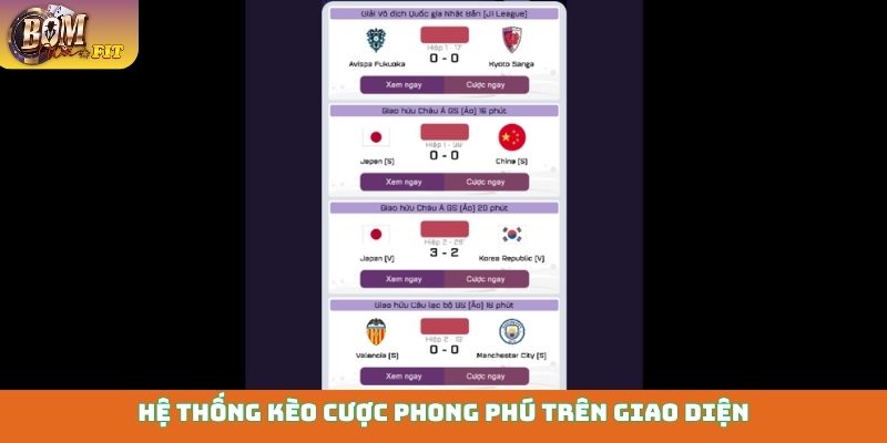 Hệ thống kèo cược phong phú trên giao diện